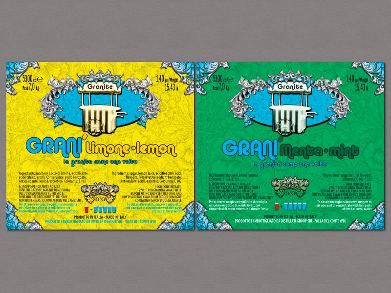 Ideazione e realizzazione del packaging in pratiche tanichette e dell'etichetta per la linea completa di 5 prodotti firmata Distillati Group per la preparazione di granite